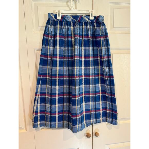 Vintage Blue Plaid Midi Skirt Pockets Picnic Retro Casual Everyday - Picture 1 of 6